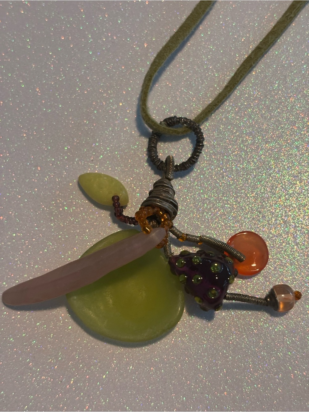 Vintage Lalo Treasures Artisan Sterling Silver, Leather, and Glass Necklace